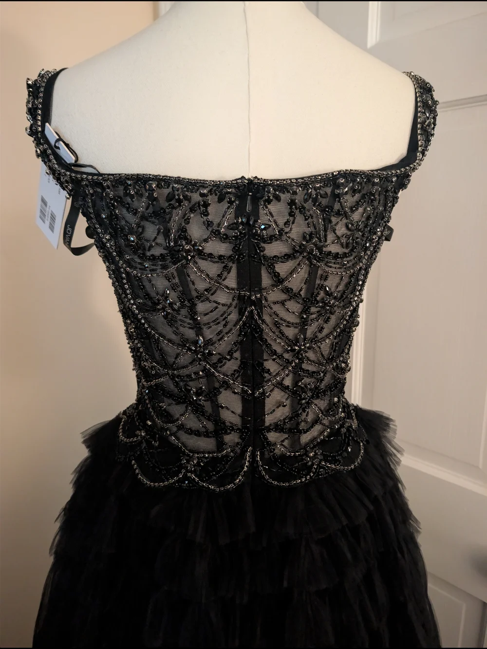 Jovani Black Beaded Corset Tulle Ruffled Ball Gown Prom Dress 0